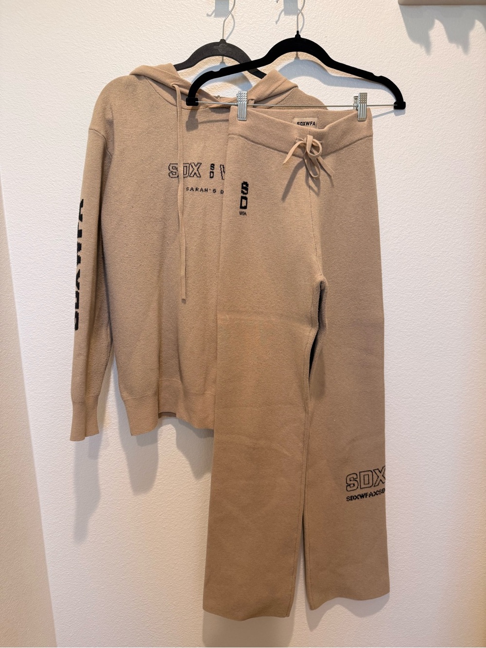 Beige Sarah’s Day x Whitefox knit wide leg sweatpants and matching sweatshirt